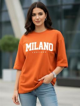 LEOTUDE - Women Orange Oversized T-Shirt