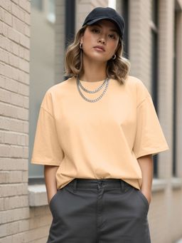 LEOTUDE - Women's Plain Beige Oversized T-Shirt