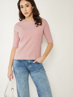 max - Women Pink Cotton Blend Textured Regular T-Shirt