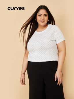 max - Women White Cotton Polka Dots T-Shirt