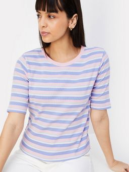 max - Women Purple Cotton Stripes Regular T-Shirt