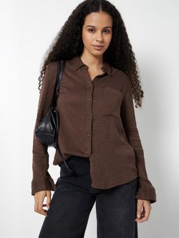 max - Women Textured Brown Regular Fit Shirt