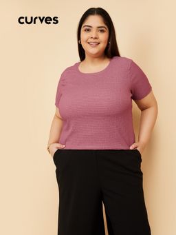 max - Women Purple Polyester Blend Textured T-Shirt