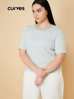 max - Women Green Cotton Blend Stripes T-Shirt