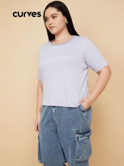 max - Women Purple Cotton Blend Stripes T-Shirt