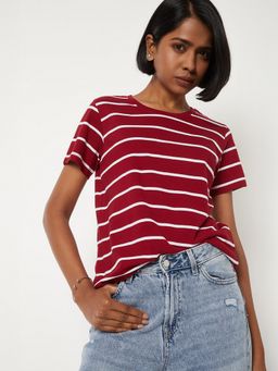 max - Women Red Cotton Stripes Regular T-Shirt