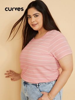 max - Women Pink Cotton Stripes T-Shirt
