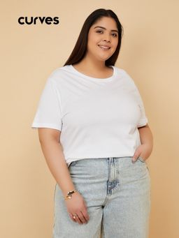 max - Women White Cotton Solid T-Shirt
