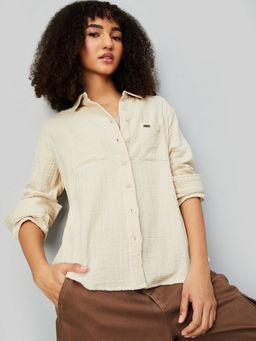 max - Women Textured Regular Fit Beige Shirt