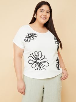 max - Women Off White Polyester Blend Embroidered T-Shirt