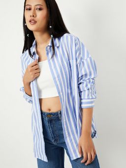 max - Women Striped Oversized Blue Shirt