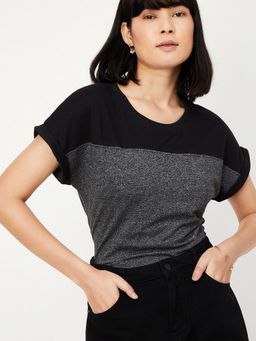 max - Women Black Cotton Solid Regular T-Shirt