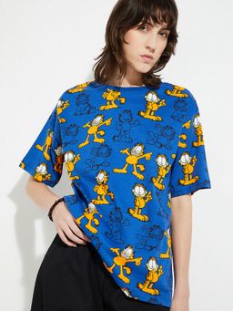 max - Women Blue Cotton Graphic Regular T-Shirt