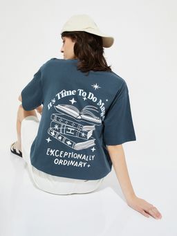max - Women Blue Cotton Graphic Regular T-Shirt