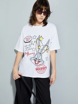 max - Women White Cotton Graphic Regular T-Shirt