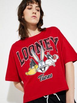 max - Women Red Cotton Graphic Regular T-Shirt
