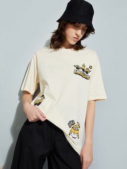 max - Women Beige Cotton Graphic Regular T-Shirt