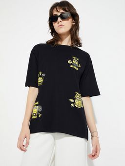 max - Women Black Cotton Graphic Regular T-Shirt