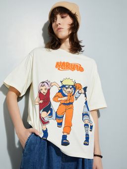 max - Women Beige Cotton Graphic Regular T-Shirt