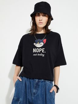 max - Women Black Cotton Graphic Regular T-Shirt