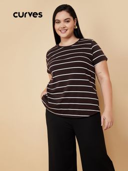 max - Women Brown Cotton Blend Stripes T-Shirt