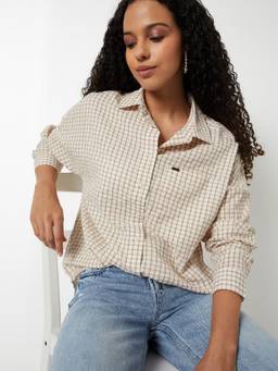 max - Women Checked Oversized Beige Shirt