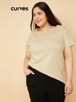 max - Women Beige Cotton Solid T-Shirt