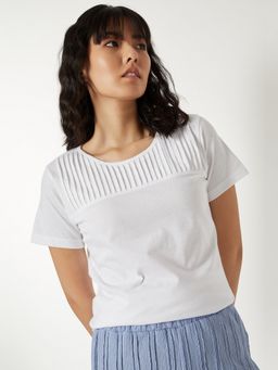 max - Women White Cotton Self Design Regular T-Shirt
