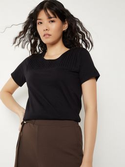 max - Women Black Cotton Self Design Regular T-Shirt