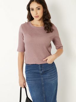 max - Women Purple Cotton Blend Textured Regular T-Shirt