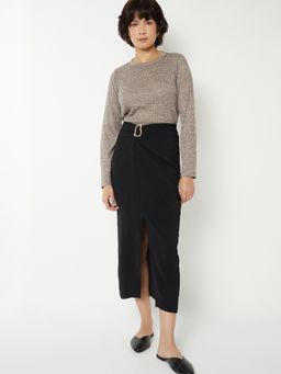 max - Women Brown Polyester Blend Textured Regular T-Shirt