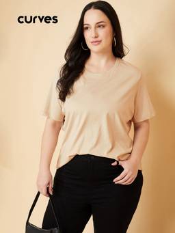 max - Women Beige Cotton Blend Solid T-Shirt