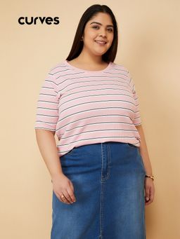 max - Women Pink Cotton Blend Stripes T-Shirt