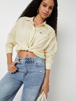 max - Women Textured Oversized Off white Shirt