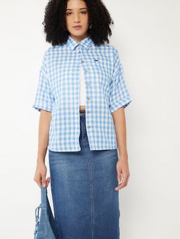 max - Women Checked Blue Regular Fit Shirt