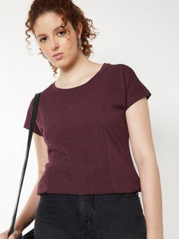 max - Women Burgundy Cotton Textured Regular T-Shirt