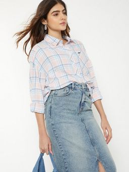 max - Women Checked Oversized Blue Shirt