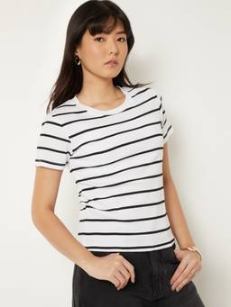 max - Women White Cotton Blend Stripes Regular T-Shirt