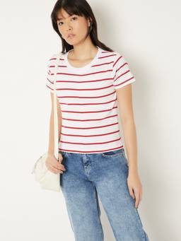 max - Women Red Cotton Blend Stripes Regular T-Shirt