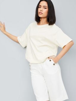 max - Women Off White Cotton Solid Regular T-Shirt