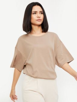 max - Women Brown Cotton Solid Regular T-Shirt