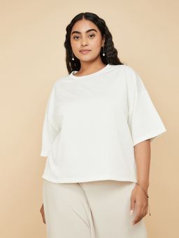 max - Women Off White Polyester Blend Solid T-Shirt