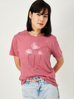 max - Women Pink Cotton Printed Regular T-Shirt