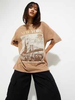 max - Women Brown Cotton Graphic Regular T-Shirt