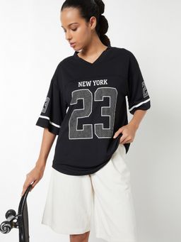 max - Women Black Polyester Typography Regular T-Shirt