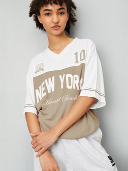 max - Women Beige Polyester Typography Regular T-Shirt