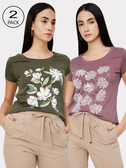 max - Women Multi-Color Cotton Graphic Regular T Shirt (Pack of 2)