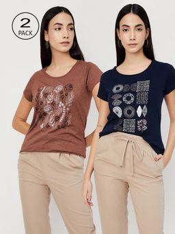 max - Women Multi-Color Cotton Graphic Regular T Shirt (Pack of 2)