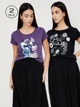 max - Women Multi-Color Cotton Graphic Regular T Shirt (Pack of 2)