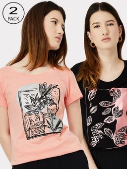 max - Women Multi-Color Cotton Graphic Regular T Shirt (Pack of 2)